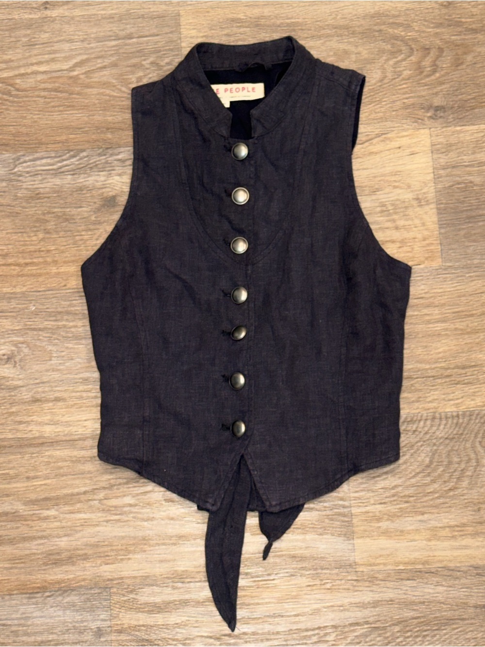 Free People Black Sleeveless Button-Front Linen Tie-Front Vest